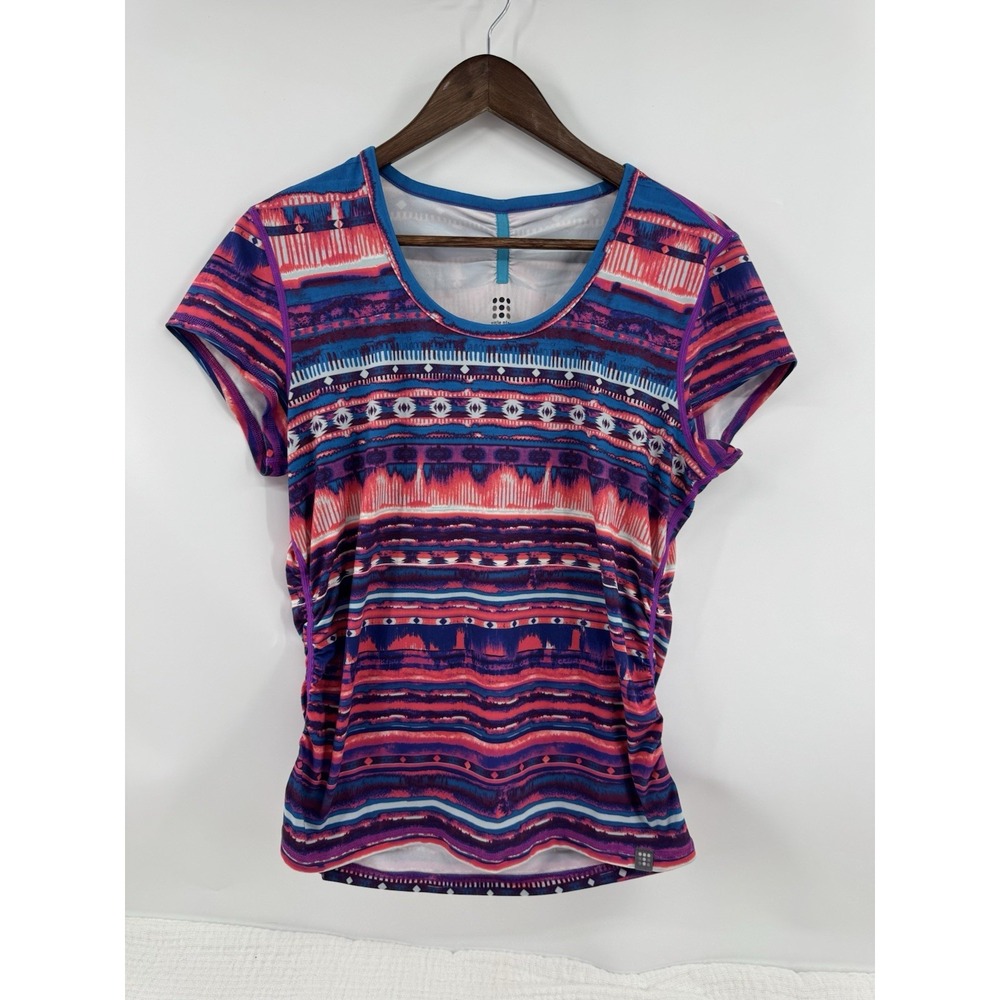 Title Nine Tee T-shirt Top Short Sleeve Ruched Sides Purple Pink Multi Size M
